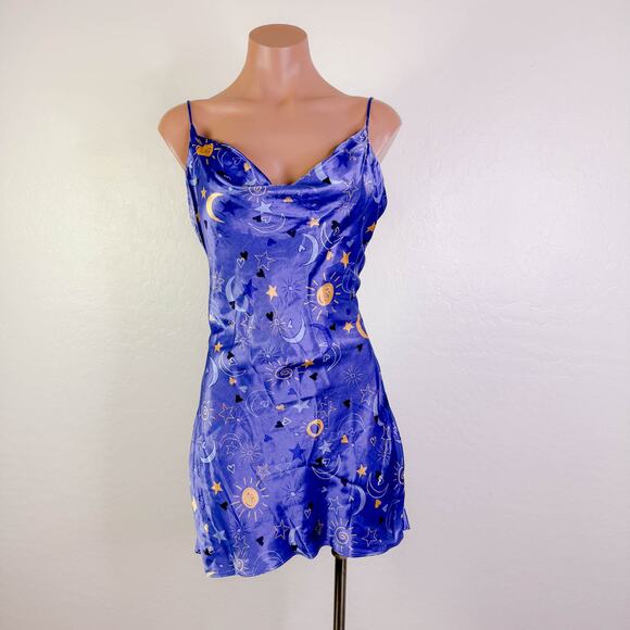 Zara Sun Moon Star Celestial Satin Silky Mini Slip Dress Purple Blogger Sz S NWT - Picture 2 of 12